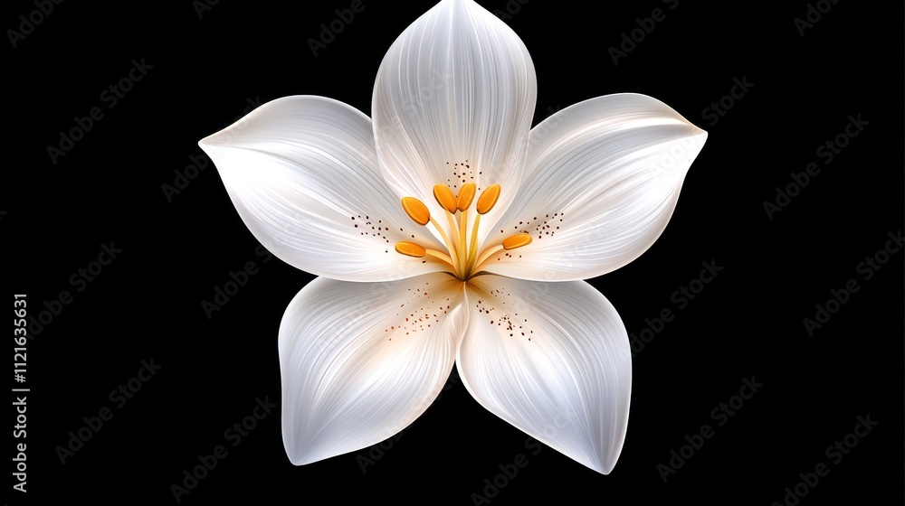 Fototapeta premium Elegant White Lily Flower Against Black Background - A striking depiction of a beautiful white lily flower highlighting delicate petals and vibrant orange stamens against a contrasting black backdrop.