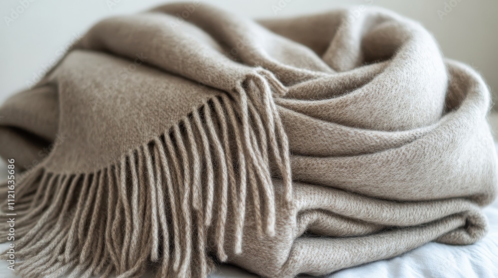A neatly folded soft cashmere scarf with fringes, showcasing a light beige color and a cozy texture A neatly folded soft cashmere scarf with fringes, showcasing a light beige color and a cozy texture