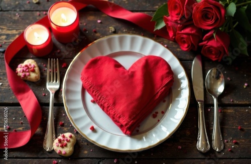 A beautifully arranged dinner table for St. Valentine's Day featuring a heart-shaped napkin, romantic candles, roses, and decorative cookies