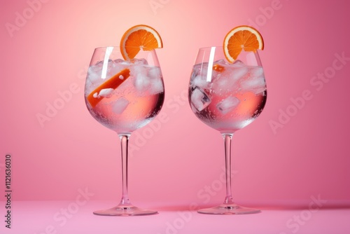 Two glasses of pink cocktails with orange slices and ice on pink background. Refreshing summer drinks for girls night, Valentine's day, or Mother's day celebration. Copy space for text. photo