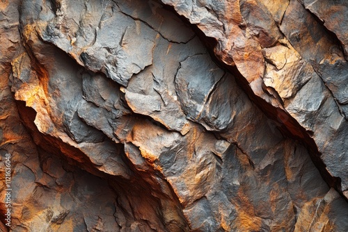 A rugged rock face displays a mix of dark grey and rusty orange tones, showcasing deep fissures and textured surfaces. photo