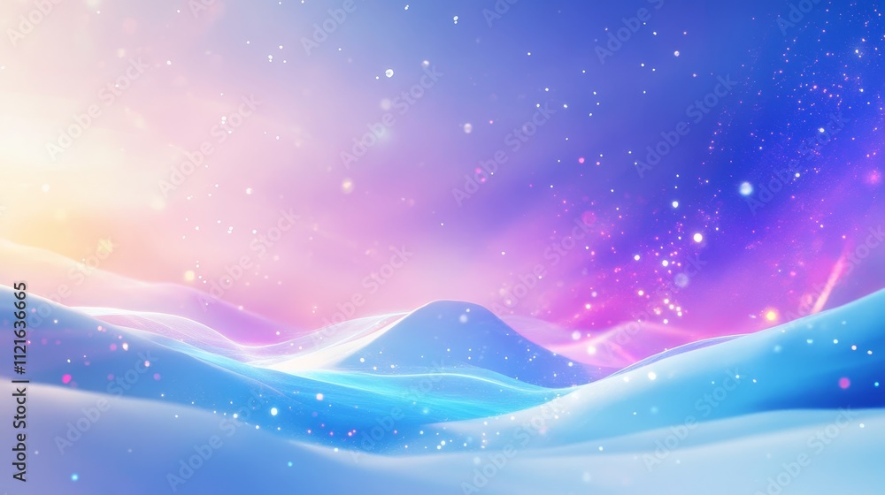 Obraz premium A serene digital landscape with soft hills and a dreamy pastel sky filled with sparkling stars.