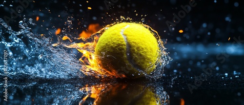 Dynamic Tennis Ball Splashing Through Water with Flames: Vibrant Action Shot for Sports Imagery, Tennis Promotions, and Dynamic Graphics photo