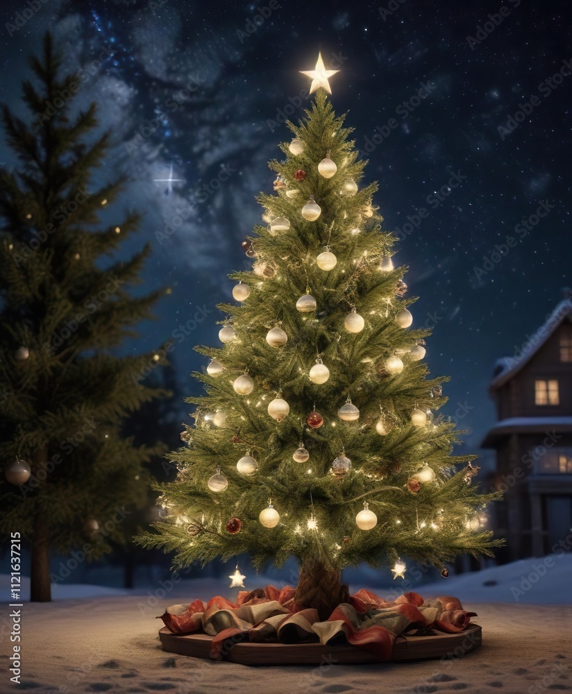 A Christbaum (Christmas tree) decorated with ornaments and stars under a starry night sky, christmas tree, holiday lights, ornaments