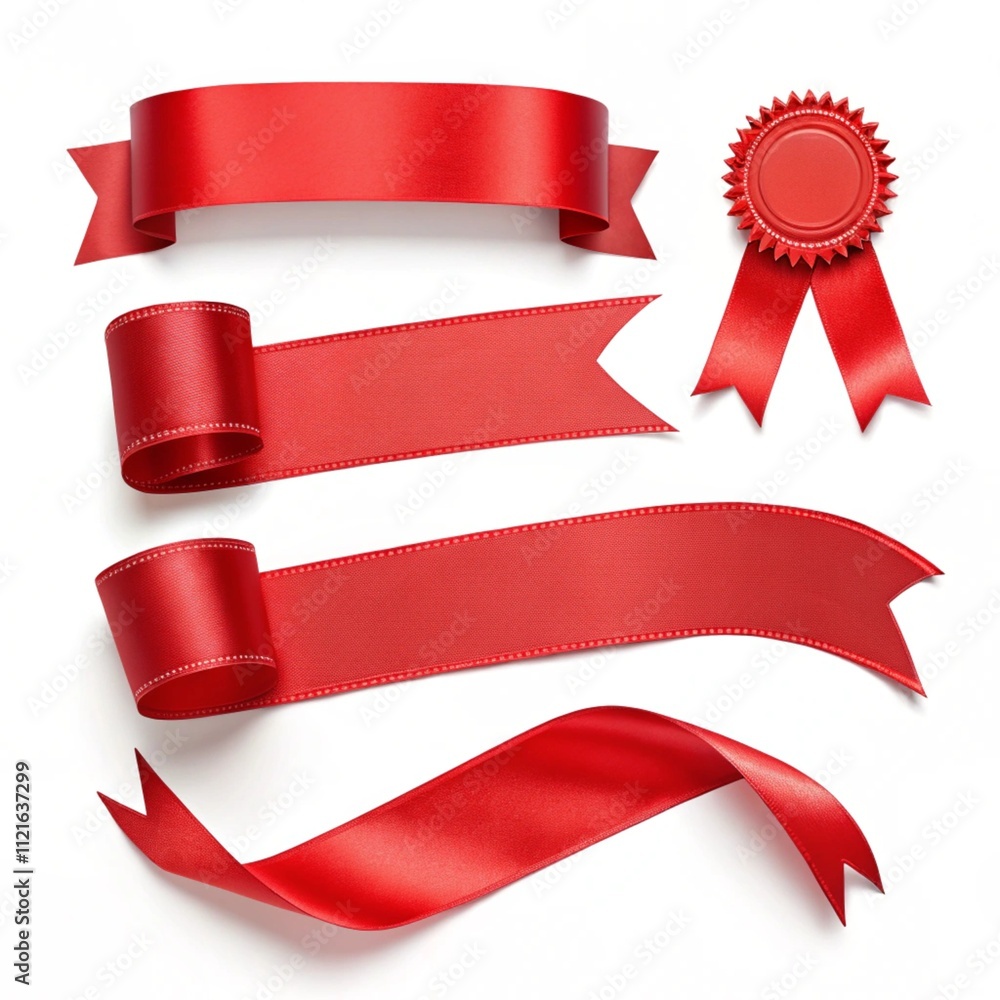 Red ribbon banner, red glossy label, red ribbon curled tag, waving red ribbon isolated white background for your design. Red ribbon banner, red glossy label, red ribbon curled tag, waving red ribbon isolated white background for your design.