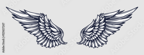 Angel wing illustration vector, wings graphic element, thin line black, angelic feathered vector photo