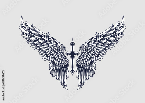 Vector angel wings with crosses in vintage style 