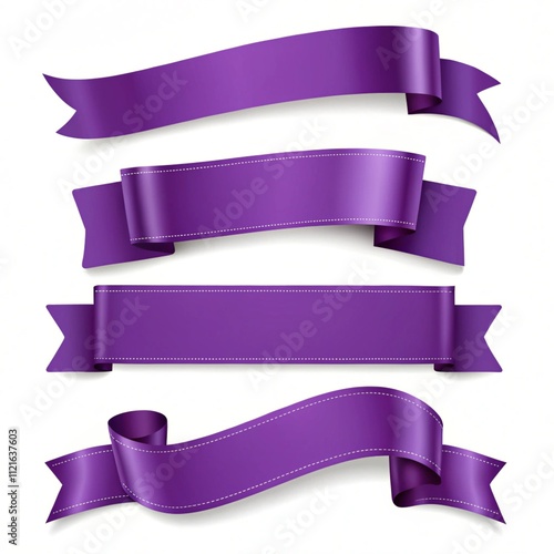 Purple ribbon banner, purple glossy label, purple ribbon curled tak, waving purple ribbon isolated white background for your design.