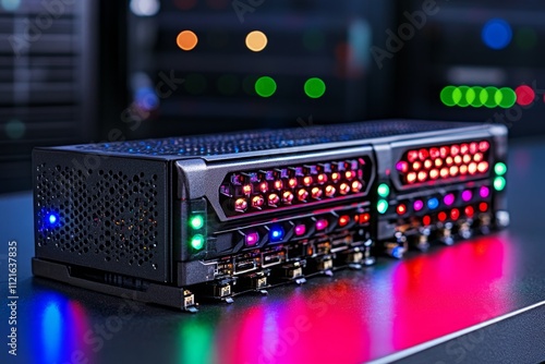 Plakat A close-up of a RAID storage array, with blinking indicator lights and sleek metallic casings