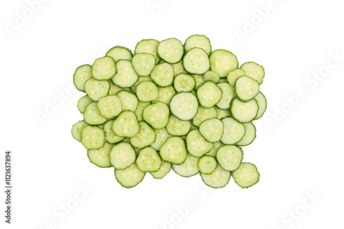 Heap of fresh cucumber slices on white background