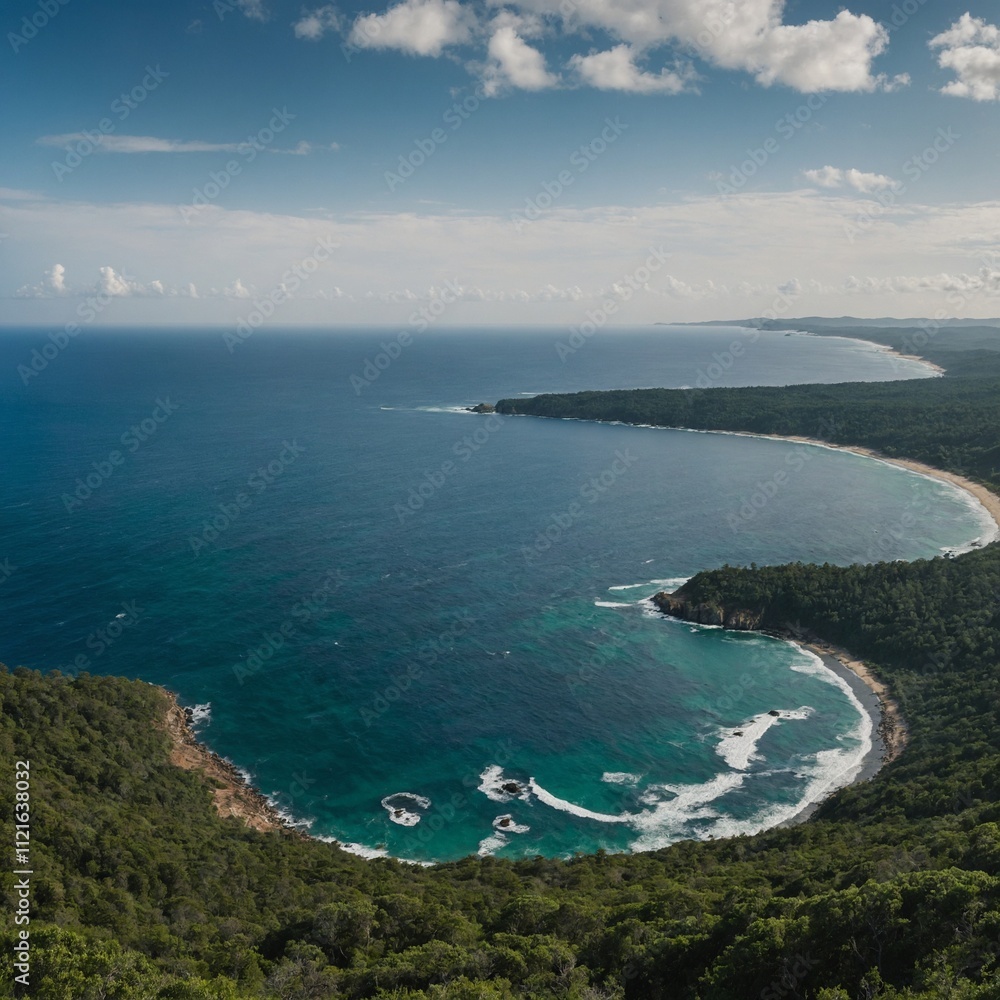 A panoramic view of the ocean from a forested hilltop. A panoramic view of the ocean from a forested hilltop.