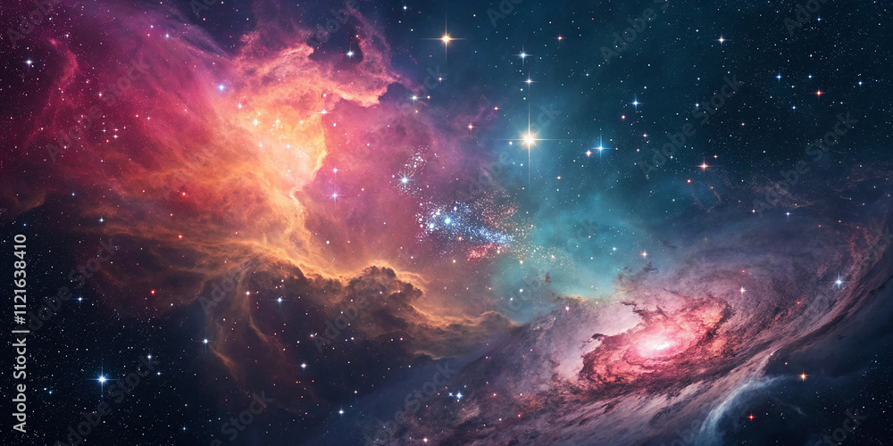 Obraz premium Cloud nebula of a colorful cosmic galaxy. Starry night sky. Astronomy and universe science. Background wallpaper of a supernova planetary planet and moon.