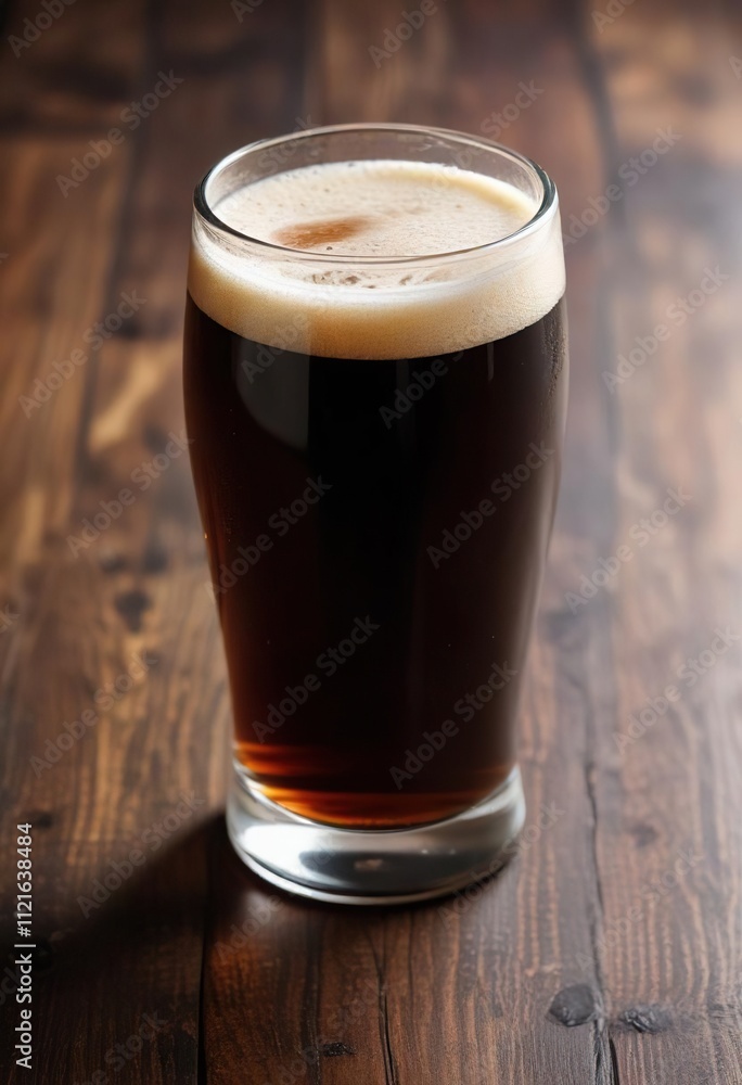 A glass of dark-colored beer on a simple, dark wooden table background, glass, container A glass of dark-colored beer on a simple, dark wooden table background, glass, container