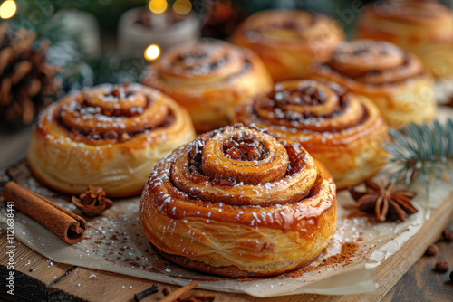 Fototapeta Naklejka Na Ścianę i Meble -  Freshly baked cinnamon buns with spices and cocoa filling on parchment paper. Sweet Homemade Pastry christmas baking. . ,.  