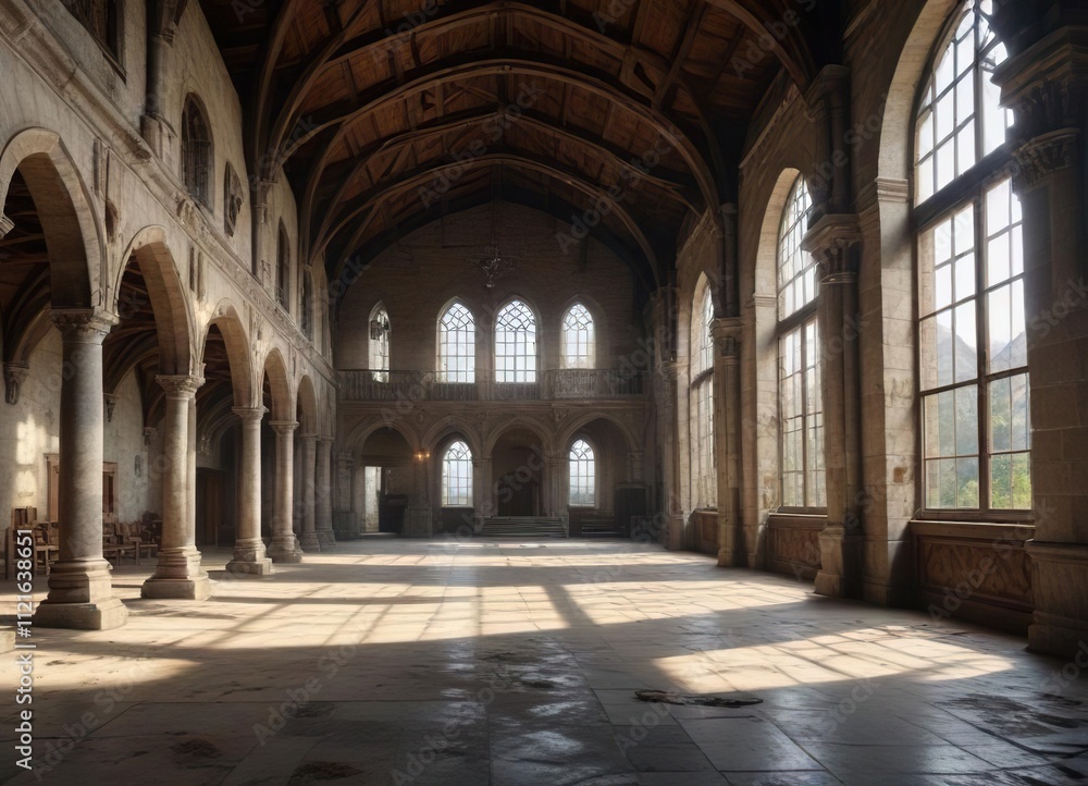 Fototapeta premium A grand hall with high ceilings and large windows in an abandoned medieval castle , ceilings, hall