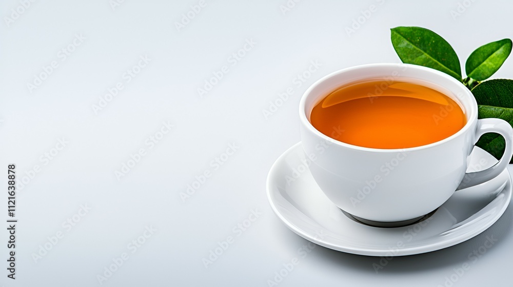 A white cup filled with orange tea sits on a saucer, accompanied by green leaves, against a clean, minimalist background. A white cup filled with orange tea sits on a saucer, accompanied by green leaves, against a clean, minimalist background.