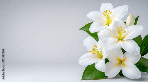 A bouquet of elegant white lilies with green leaves against a soft gray background, symbolizing purity and beauty.