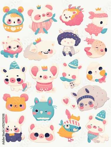 Pastel Kawaii Animal Stickers: Cute Characters in Clip Art Style