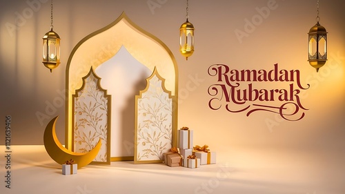 Luxurious Ramadan Scene with Gold and White Mosque Structure, Red Calligraphy, Lanterns, and Crescent Moon on a Beige Background