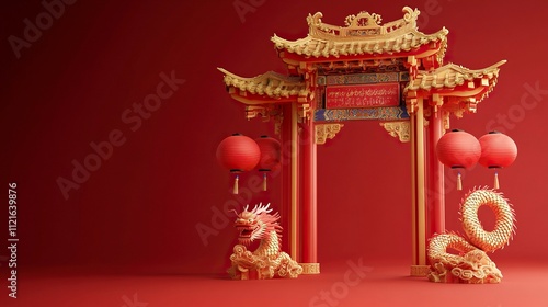Wallpaper Mural 3d render of Chinese gate with dragon pole and lanterns for Happy Chinese new year on red background. Torontodigital.ca