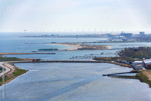 Photography Copenhagen seacoast city skyline with Amager beach park, airport and wind farm i