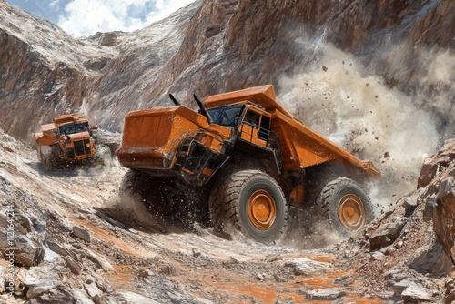 Heavy-duty trucks in action quarry site construction rocky terrain aerial view earthmoving operations