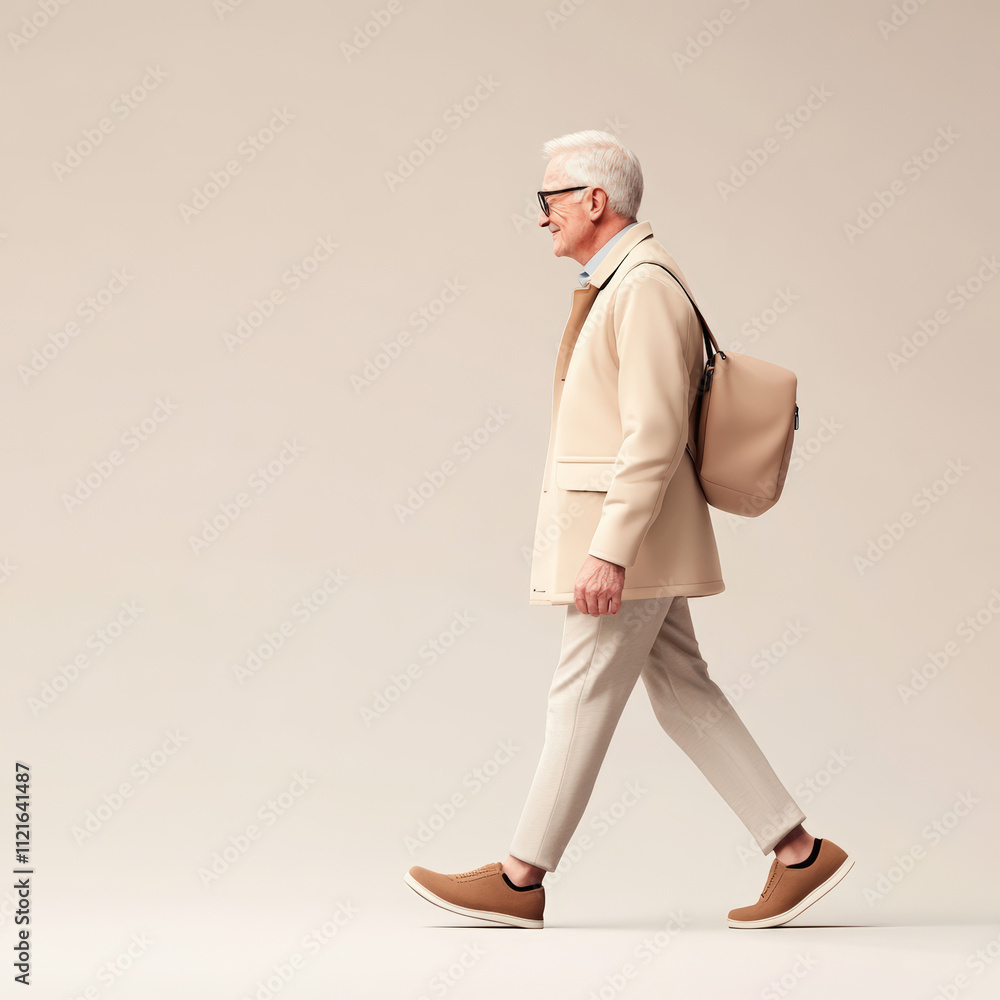 An elegant man with white hair and stylish attire walks confidently, wearing sunglasses and carrying a beige bag, set against a plain background. An elegant man with white hair and stylish attire walks confidently, wearing sunglasses and carrying a beige bag, set against a plain background.