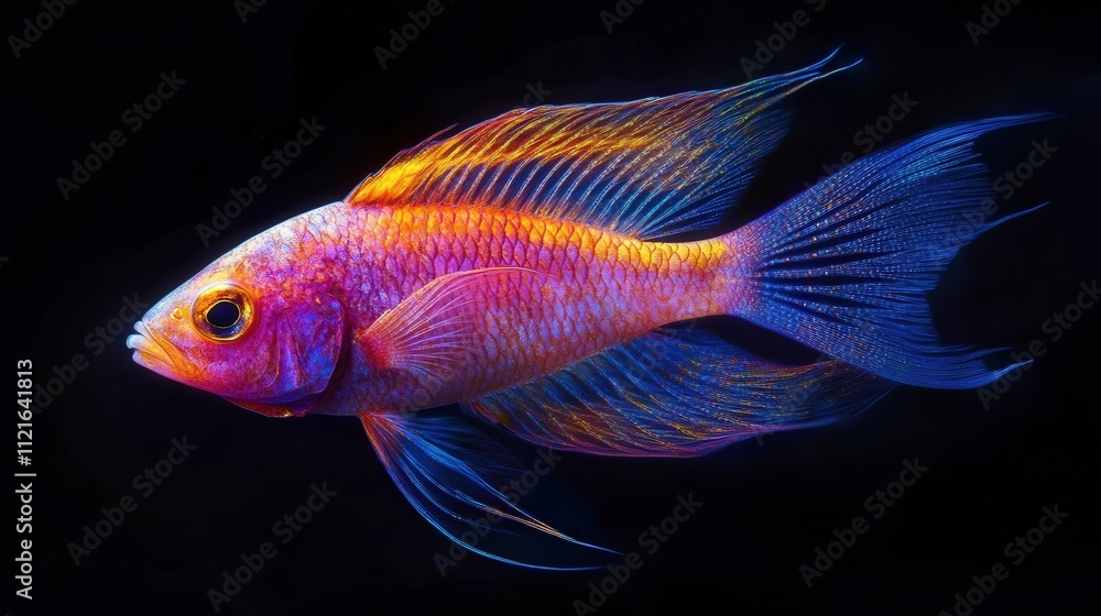 A single bright fish with shimmering scales is captured against a rich black background. A single bright fish with shimmering scales is captured against a rich black background.