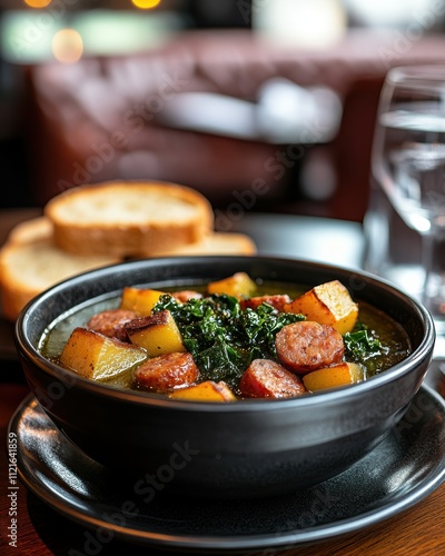 Savoring Caldo VerdeA Hearty Portuguese Kale and Potato Soup Experience Cozy Restaurant Food Photography Culinary Delight photo