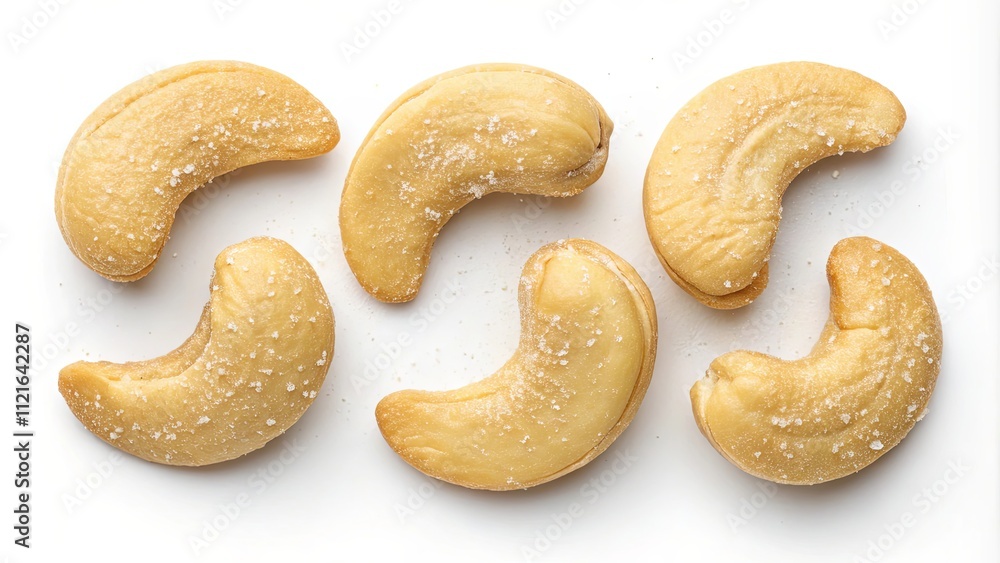 A close up of five cashews with salt on them A close up of five cashews with salt on them