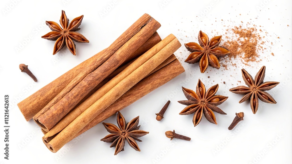A bunch of cinnamon sticks and some star anise are on a white background A bunch of cinnamon sticks and some star anise are on a white background