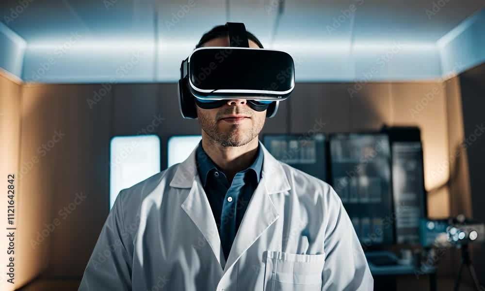 A scientist wearing virtual reality goggles, conducting an experiment in a simulated environment A scientist wearing virtual reality goggles, conducting an experiment in a simulated environment