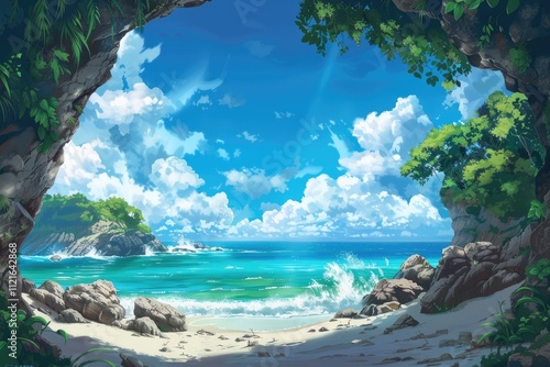 Serene Tropical Beach Scene Viewed From A Cave