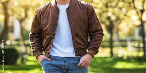 A modern man in a mocha mousse-colored bomber jacket walks confidently in a sunlit park, wearing a white t-shirt and blue jeans