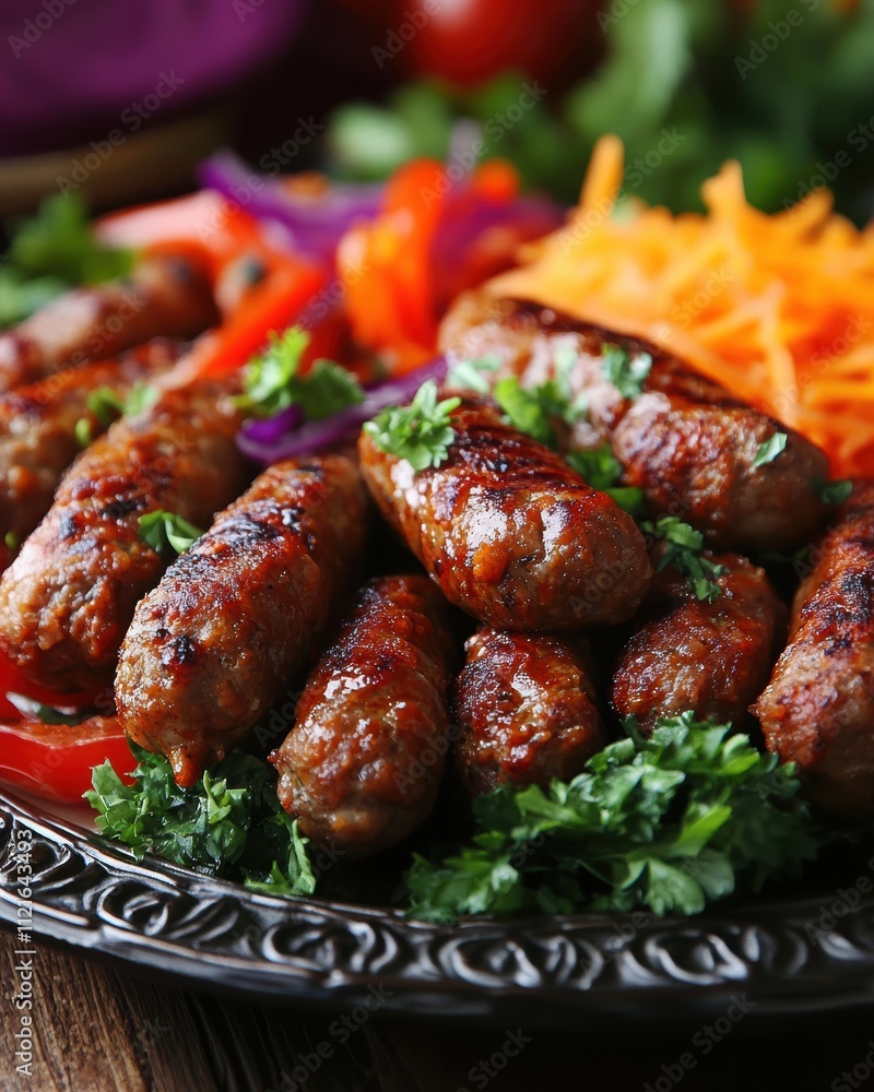 Grilling CevapiAuthentic Bosnian Sausage Delight Bosnia Food Platter Rustic Setting Culinary Experience Grilling CevapiAuthentic Bosnian Sausage Delight Bosnia Food Platter Rustic Setting Culinary Experience