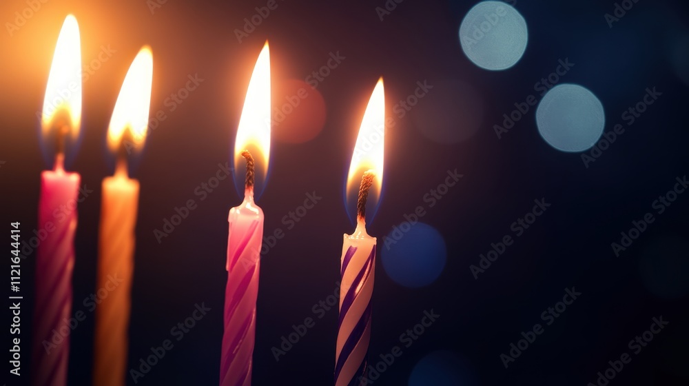 Four lit birthday candles on dark background. Four lit birthday candles on dark background.