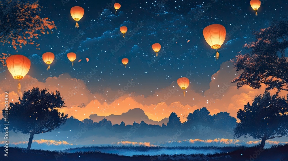A large group of Chinese lanterns flying. with a view of the night sky. the beauty of the night. A large group of Chinese lanterns flying. with a view of the night sky. the beauty of the night.