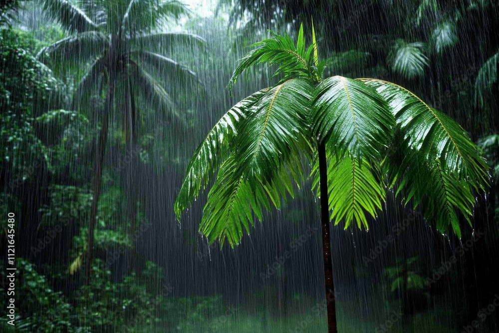 Naklejka premium A high-resolution shot of a rainstorm over a dense rainforest, with rain collecting into small streams that feed larger rivers