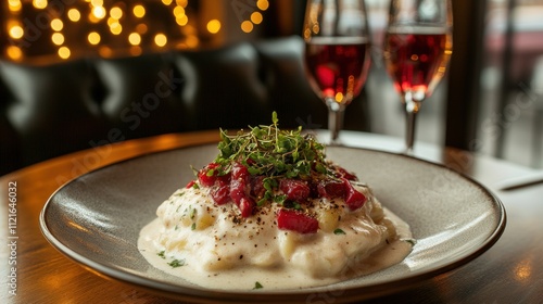 Savoring Janssons FrestelseA Creamy Swedish Potato Delight in a Cozy Restaurant Setting photo