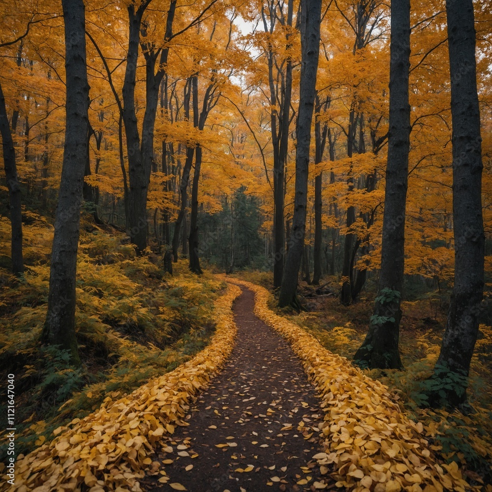 Fototapeta premium A path covered in golden autumn leaves leading deeper into a forest.