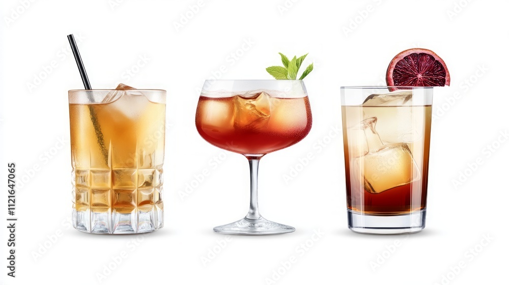 Three iced cocktails; whiskey, aperol spritz, and dark rum. Three iced cocktails; whiskey, aperol spritz, and dark rum.