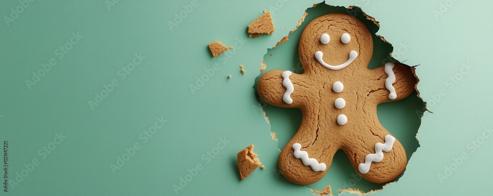 Festive Gingerbread Man Cookie in Torn Green Background Festive Gingerbread Man Cookie in Torn Green Background