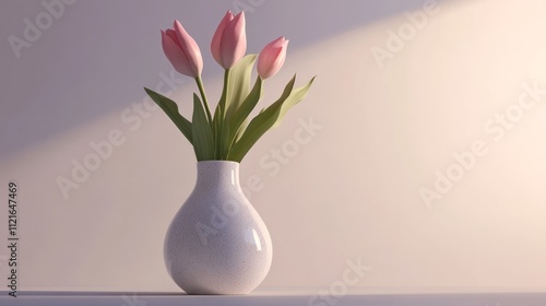 Three pink tulips in a white vase against a soft background.