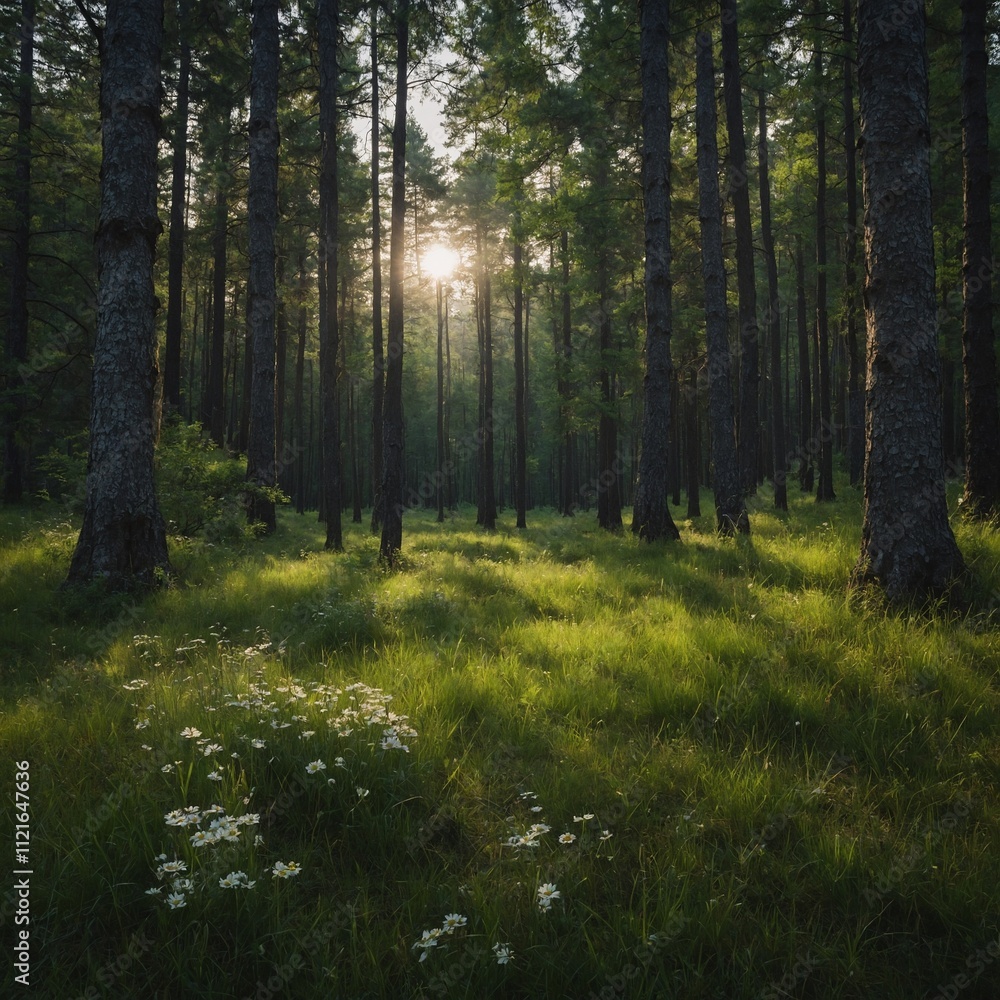 Fototapeta premium A serene meadow in the heart of an ancient forest.