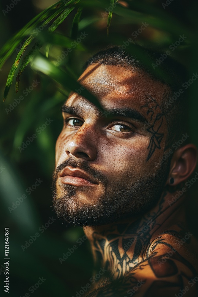 Intense Portrait of a Tattooed Man Surrounded by Lush Greenery: Captivating Close-Up in Nature with Dramatic Lighting and Expression Intense Portrait of a Tattooed Man Surrounded by Lush Greenery: Captivating Close-Up in Nature with Dramatic Lighting and Expression