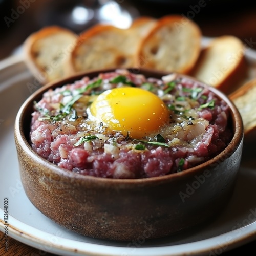 Savoring Elegant Steak Tartare with Quail Egg Yolk Fine Dining Restaurant Culinary Delight Upscale Ambiance Gourmet Experience photo