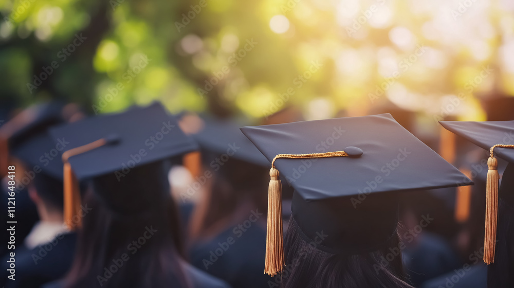 A view of graduation caps from behind, celebrating the success of university graduates during a commencement ceremony. A view of graduation caps from behind, celebrating the success of university graduates during a commencement ceremony.