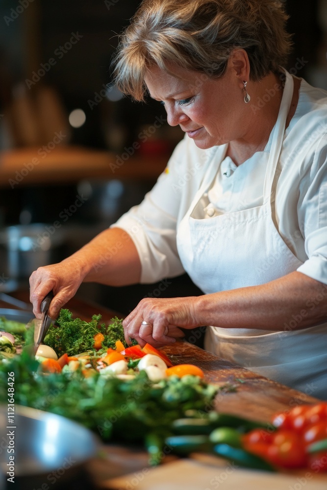 Joyful Chef Chopping Fresh Vegetables in Cozy Kitchen, Cooking at Home, Healthy Eating, Culinary Passion, Ingredients Preparation Joyful Chef Chopping Fresh Vegetables in Cozy Kitchen, Cooking at Home, Healthy Eating, Culinary Passion, Ingredients Preparation