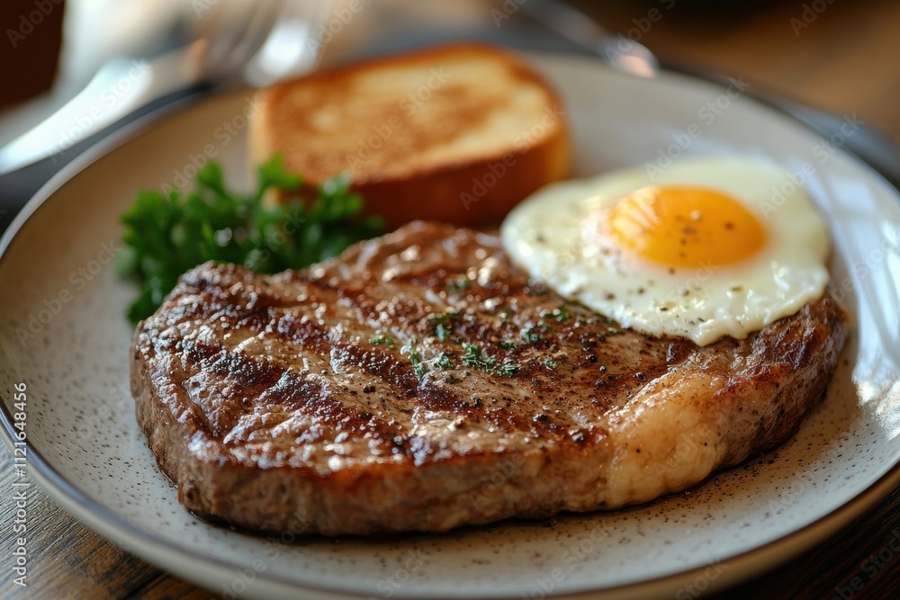 Indulging in a Hearty Farmhouse BreakfastSteak and Eggs in a Cozy Kitchen Setting Indulging in a Hearty Farmhouse BreakfastSteak and Eggs in a Cozy Kitchen Setting