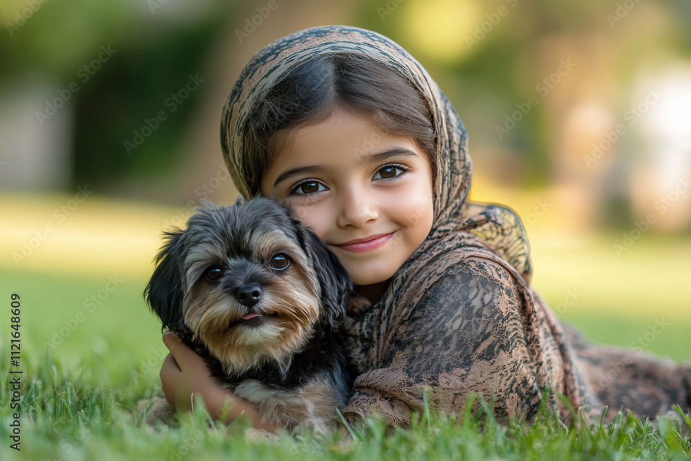 Arabian girl holding pet dog playing on grass outside together Arabian girl holding pet dog playing on grass outside together